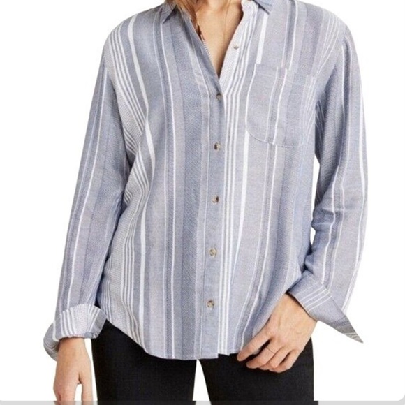 Anthropologie Maeve Shirt Sz Large Blue Chatham Striped Button Down Blouse - Picture 3 of 12